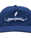 Blue cap with white embroidered text and logo on a white background -rollover
