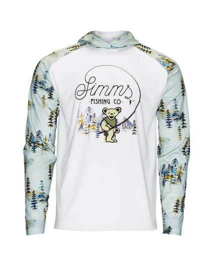 White hoodie with bear graphic and 'Simms Fishing Co' text on a white background Wonders