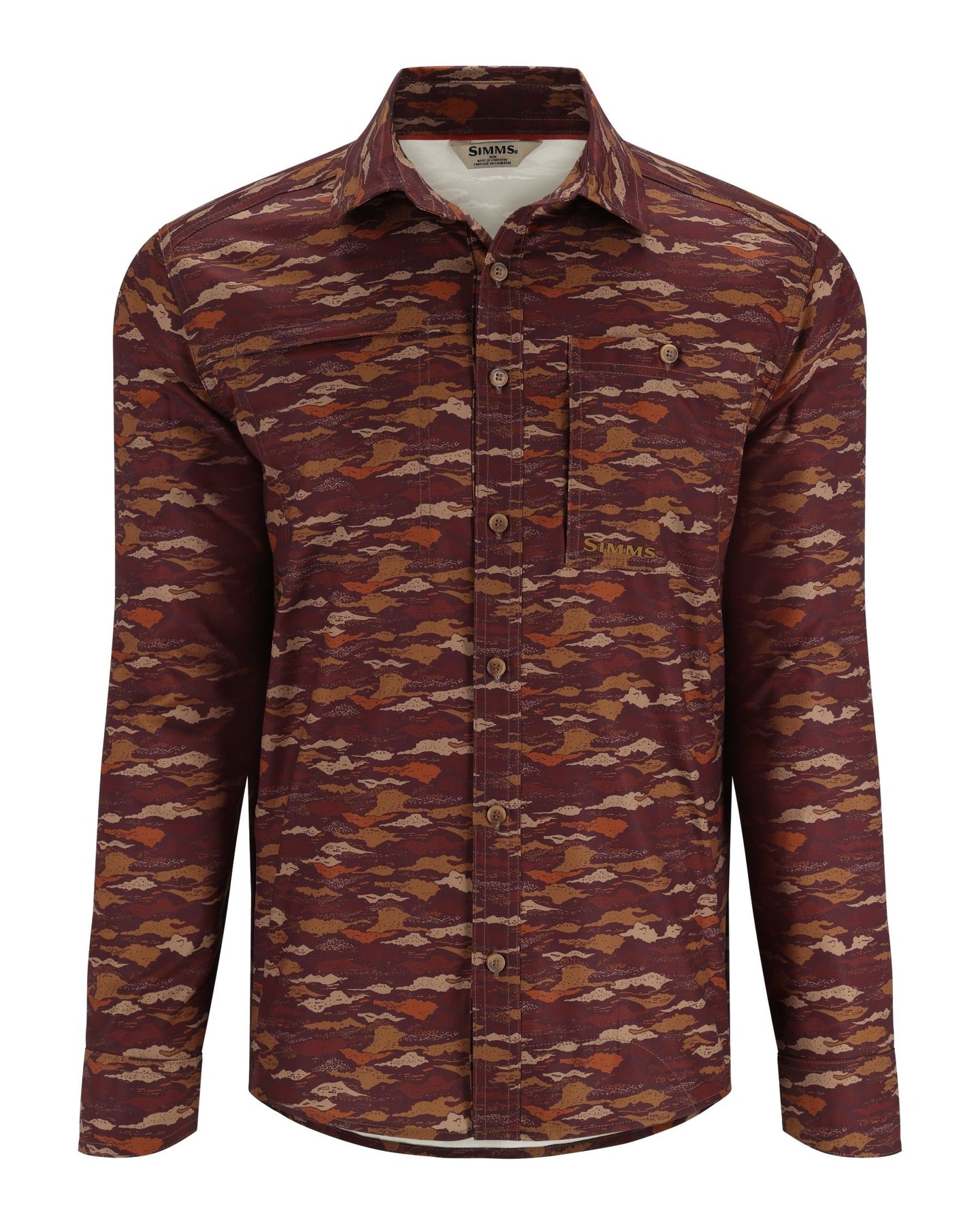 13643-1269-Simms-Challenger-LS-Shirt-Mannequin-F24-Front Mahogany Riverbed Print