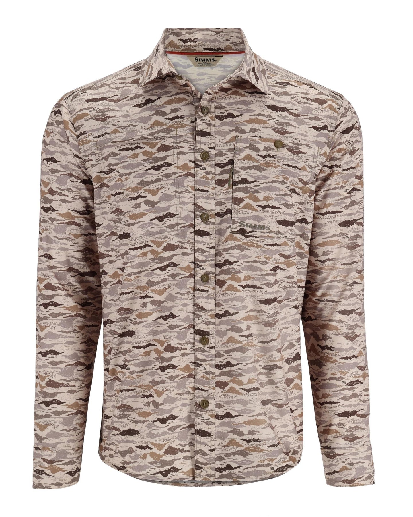 13643-1283-Simms-Challenger-LS-Shirt-Mannequin-F24-Front Sand Riverbed Print
