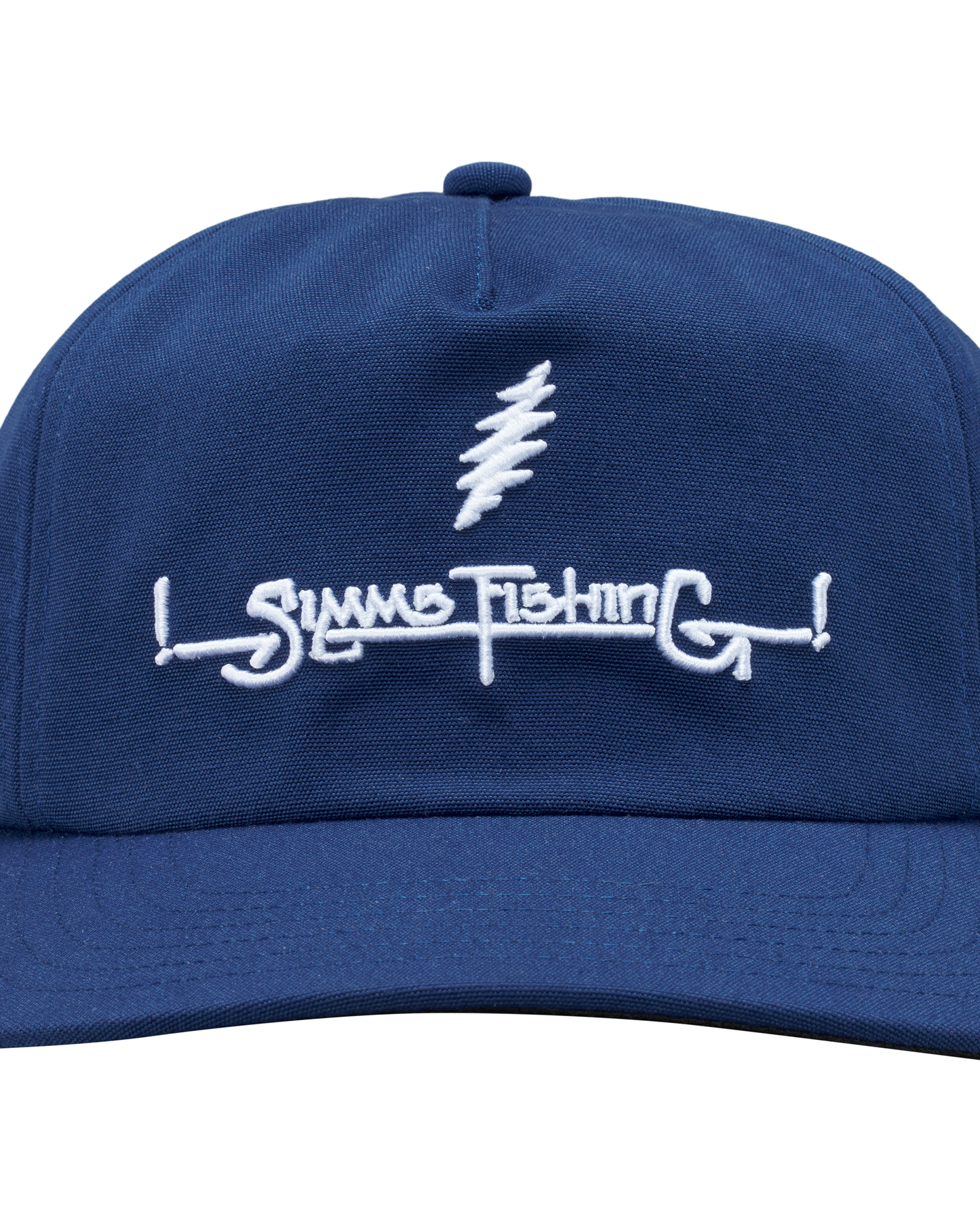 Blue cap with white embroidered text and logo on a white background -rollover