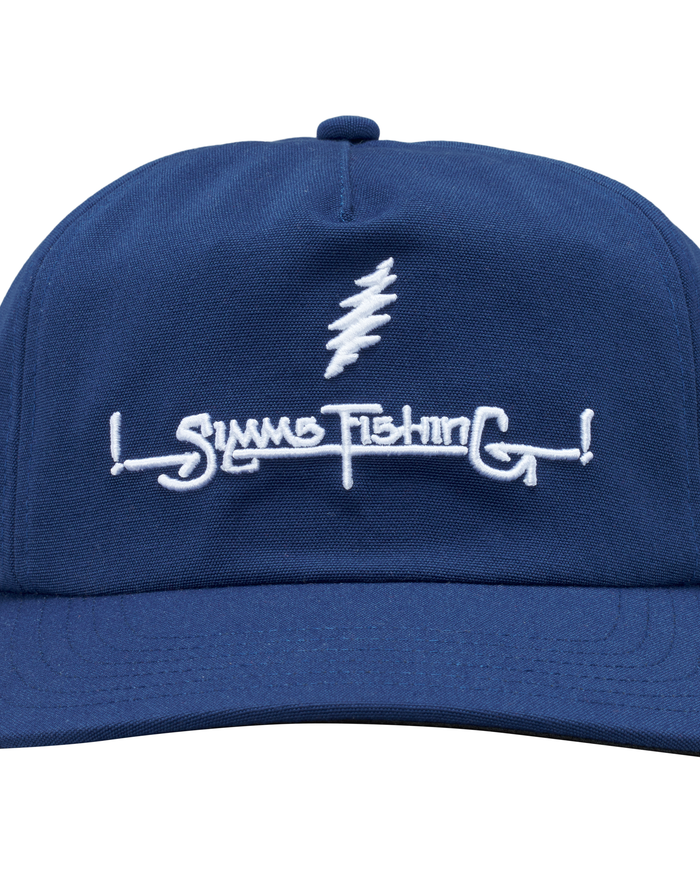 Blue cap with white embroidered text and logo on a white background -rollover