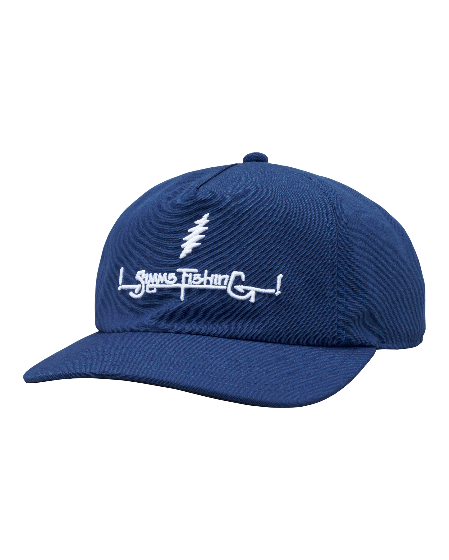 Blue cap with white logo on a white background
