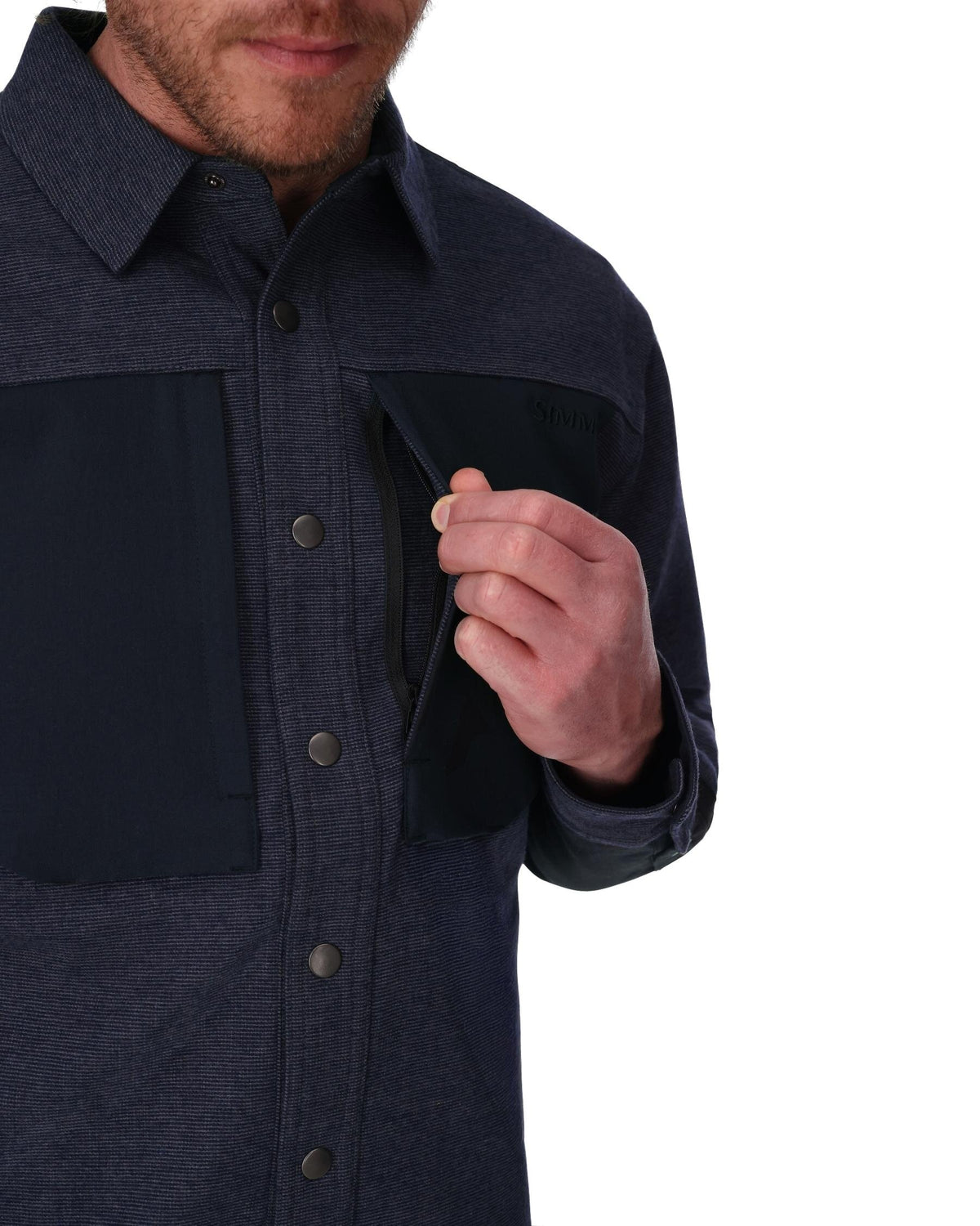 Man wearing a dark blue jacket with a white background