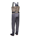 A pair of dry river waders shown from the back, featuring a tan upper bib section, dark gray legs, and dark gray suspenders and foot coverings, photographed against a solid white background.