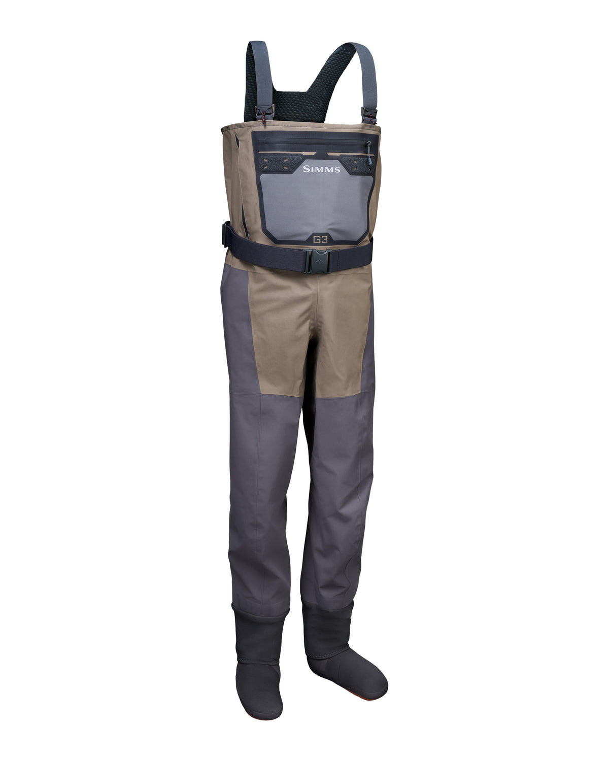 A pair of Simms dry fly waders in a color-blocked design of dark gray, tan, and black, shown on a plain white background.