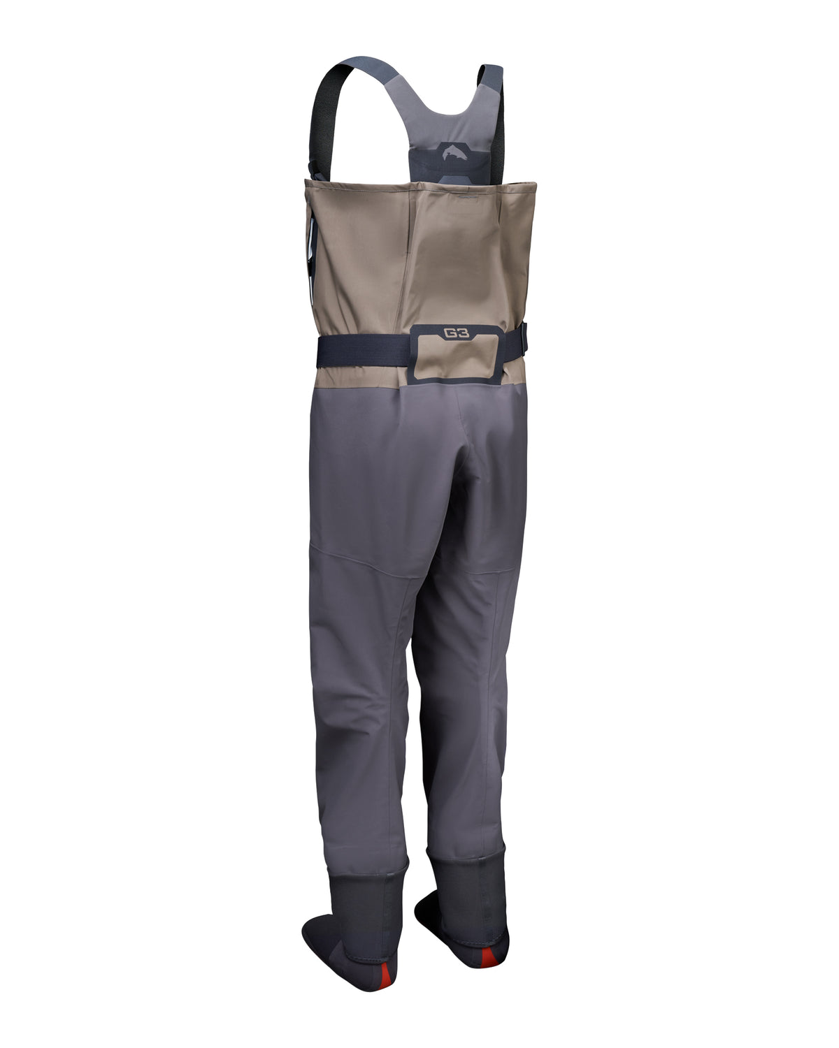 Women's Waders G3 Pro Guide Stockingfoot A pair of dry waders in a two-tone gray and beige colorway, shown from the back against a plain white background.