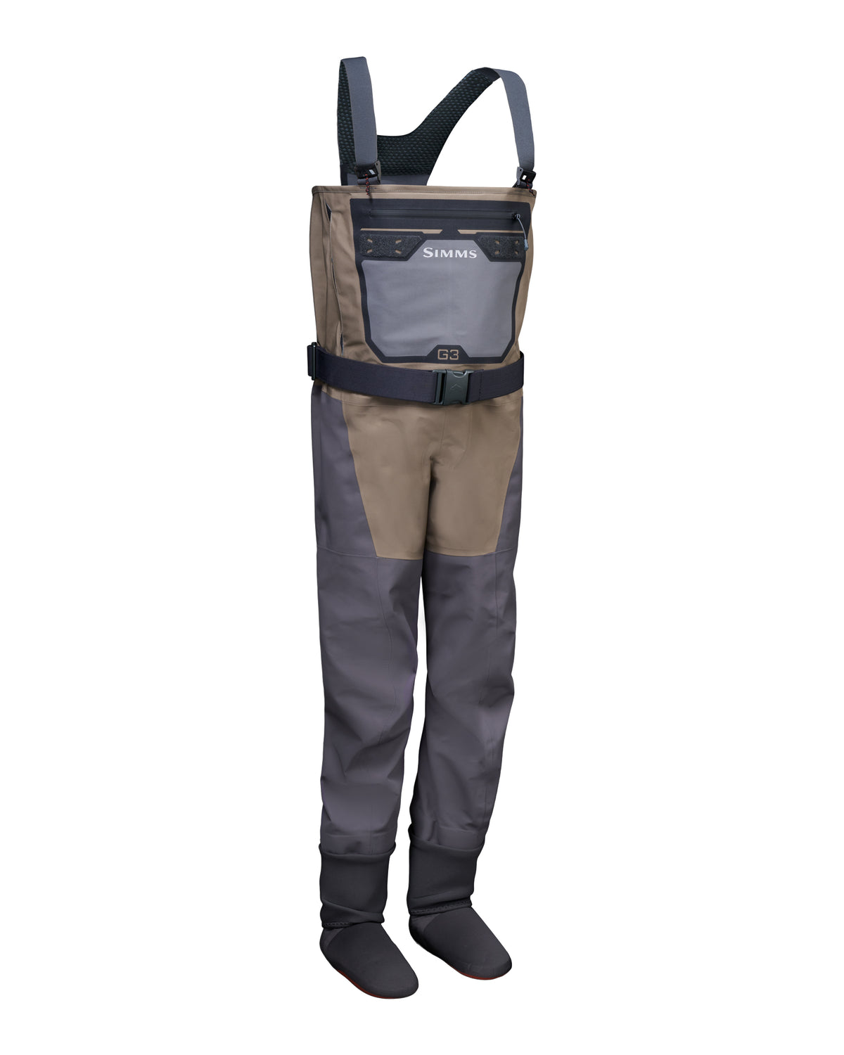 Women's Waders G3 Pro Guide Stockingfoot A pair of dry fly waders in a color-blocked design of dark gray, tan, and black, shown against a plain white background. The brand name 'SCALPERS' is visible on the chest pocket.