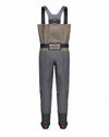 Women's Waders G3 Pro Guide Stockingfoot A pair of gray and beige waders with dark gray shoulder straps, a black waist belt, and gray boot cuffs, shown from the back against a plain white background.