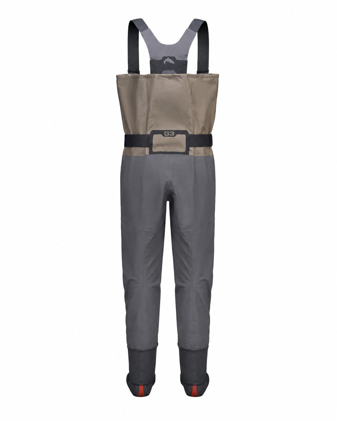 Women's Waders G3 Pro Guide Stockingfoot A pair of gray and beige waders with dark gray shoulder straps, a black waist belt, and gray boot cuffs, shown from the back against a plain white background.