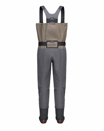 Women's Waders G3 Pro Guide Stockingfoot A pair of gray and beige waders with dark gray shoulder straps, a black waist belt, and gray boot cuffs, shown from the back against a plain white background.