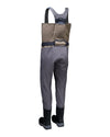 Men's G3 Pro Bootfoot Waders Gray and tan waders with black suspenders and black rubber boots, shown from the back on a white background.