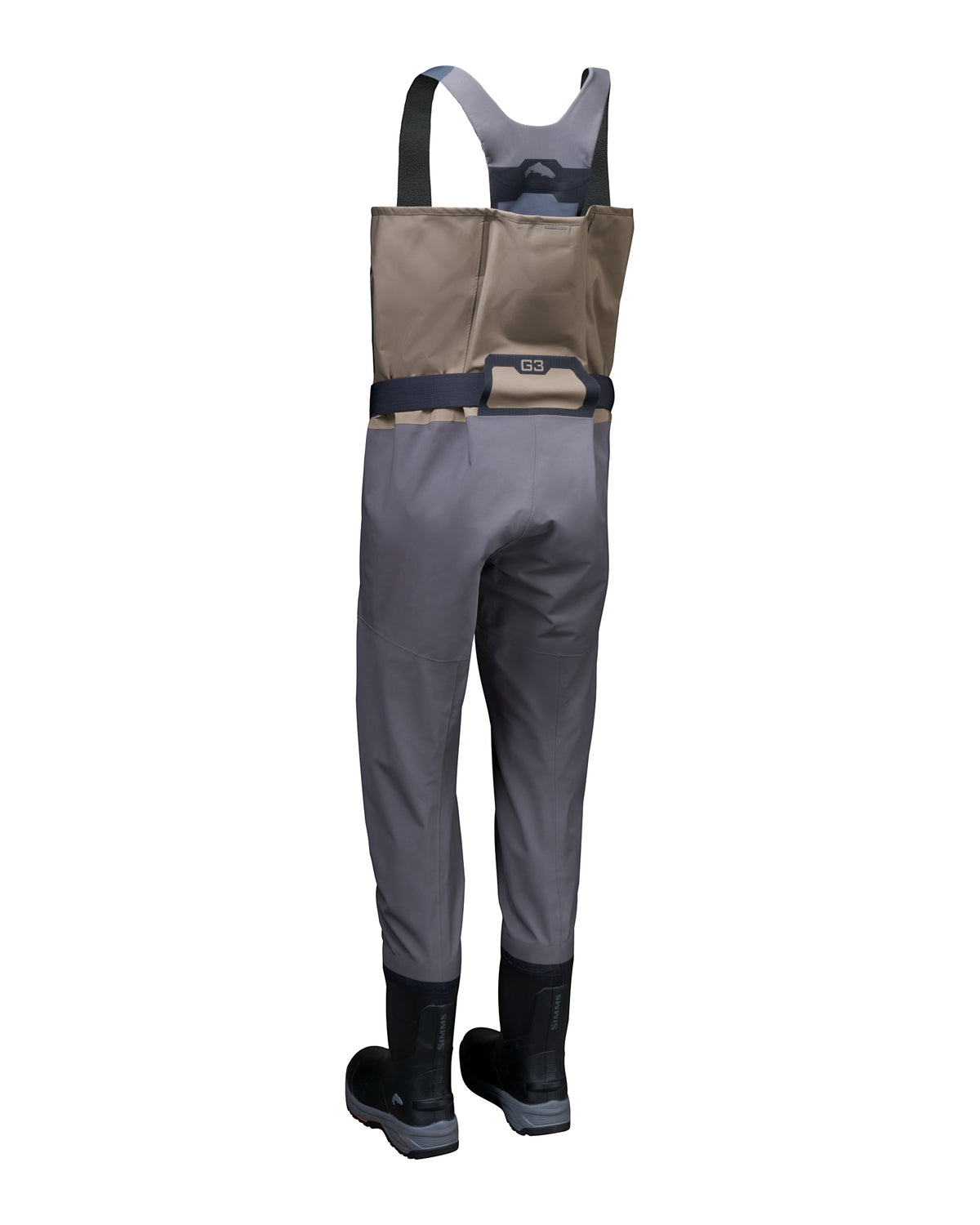 Men's G3 Pro Bootfoot Waders Gray and tan waders with black suspenders and black rubber boots, shown from the back on a white background.