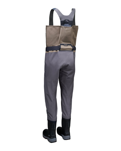 Men's G3 Pro Bootfoot Waders Gray and tan waders with black suspenders and black rubber boots, shown from the back on a white background.