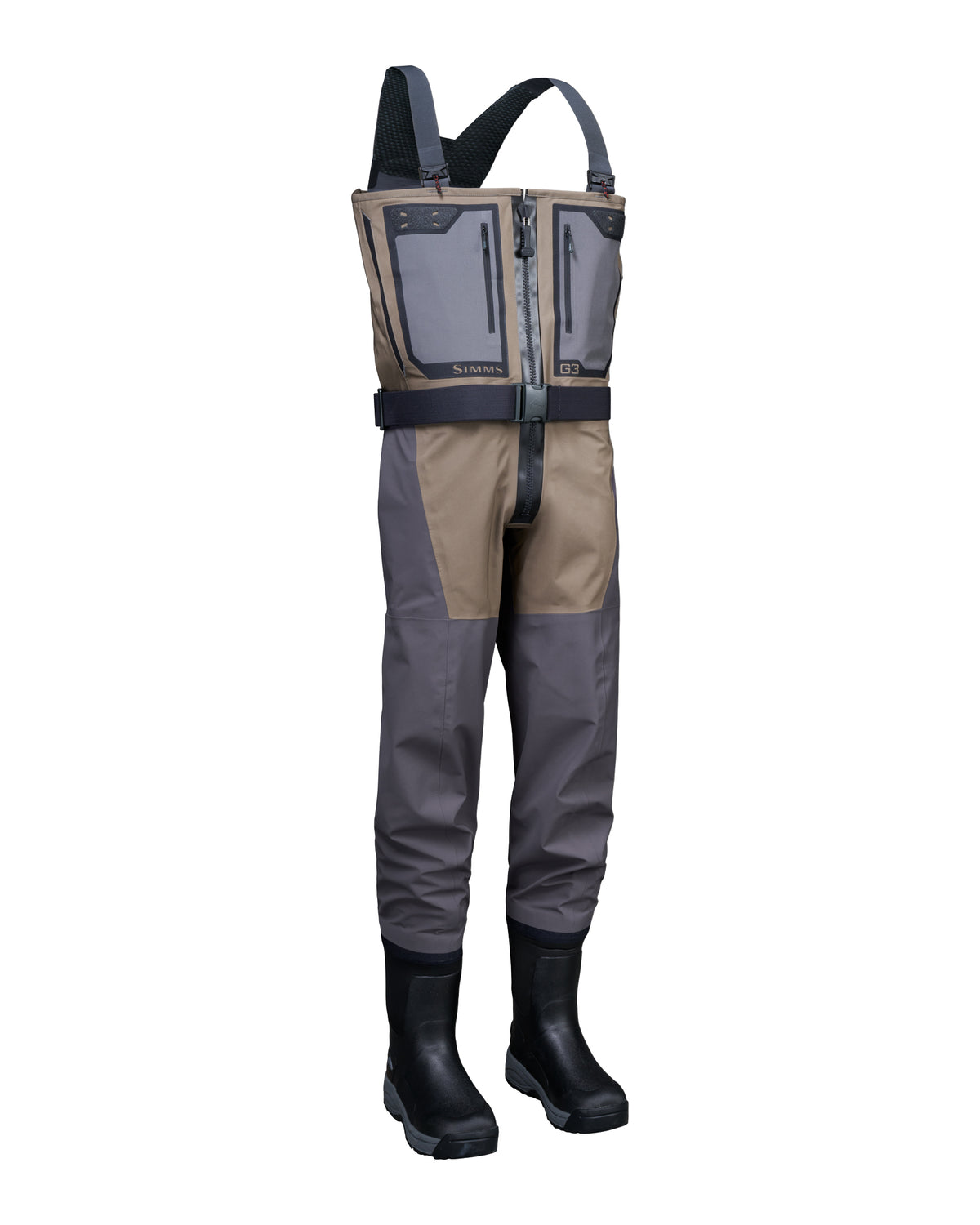 Men's G3 Pro Bootfoot Waders A pair of dry fly waders in a color-blocked design of gray, tan, and black, shown with black rubber boots on a plain white background.