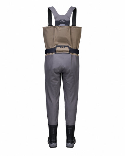 Gray and tan waders with black suspenders and black boots, shown from the back on a white background. Men's G3 Pro Bootfoot Waders