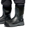 Men's G3 Pro Bootfoot Waders Black safety work boots with dark gray soles, shown on a person's feet with dark pants against a white background.