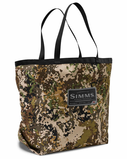 Camouflage tote bag with a visible Simms logo on a white background River Camo