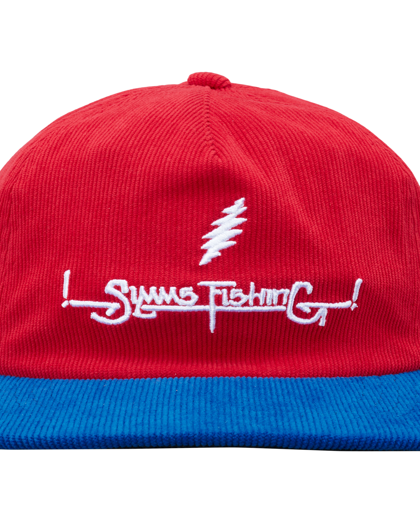 Red and blue cap with white embroidered text and logo on a white background -rollover