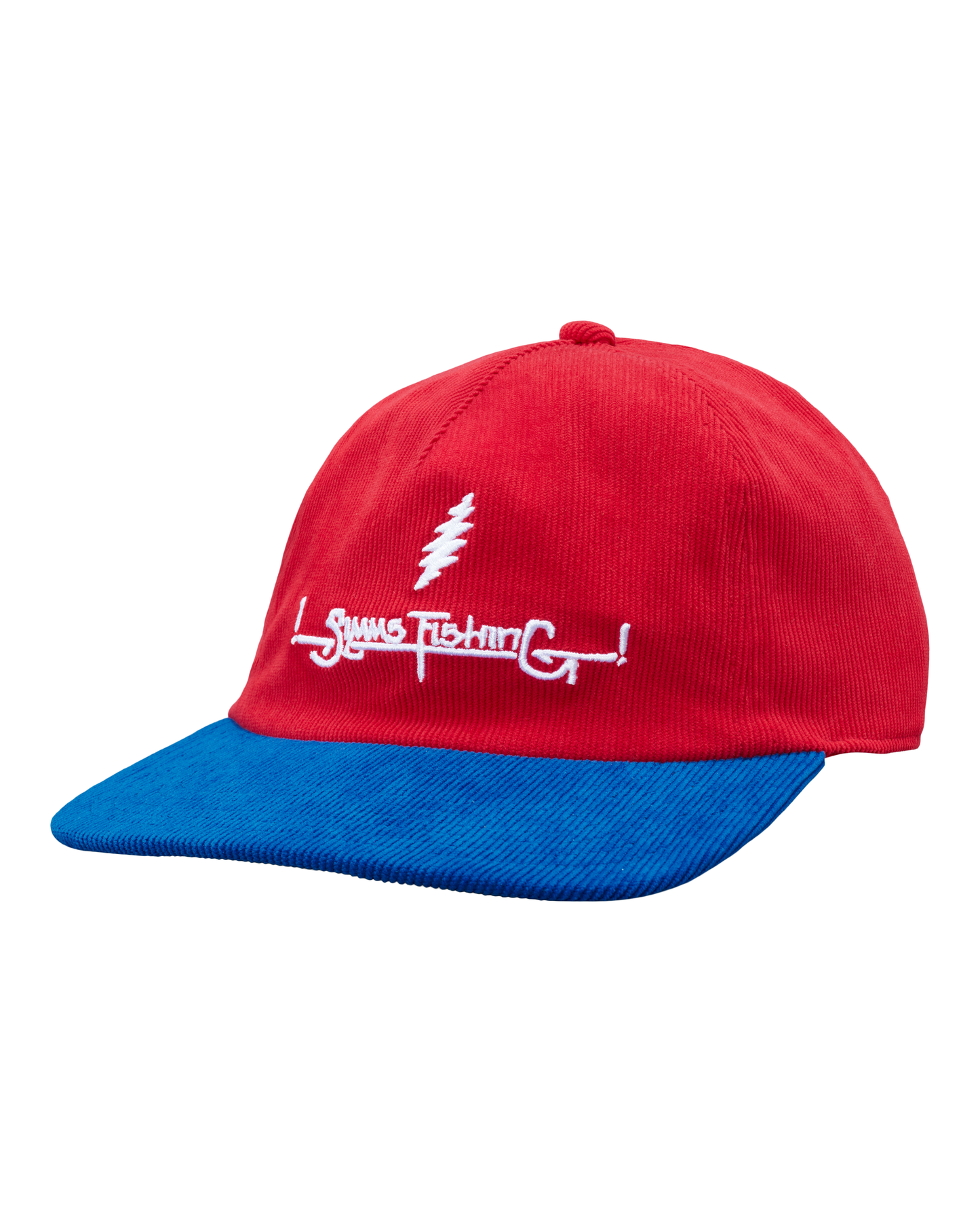 Red and blue cap with a logo on a white background
