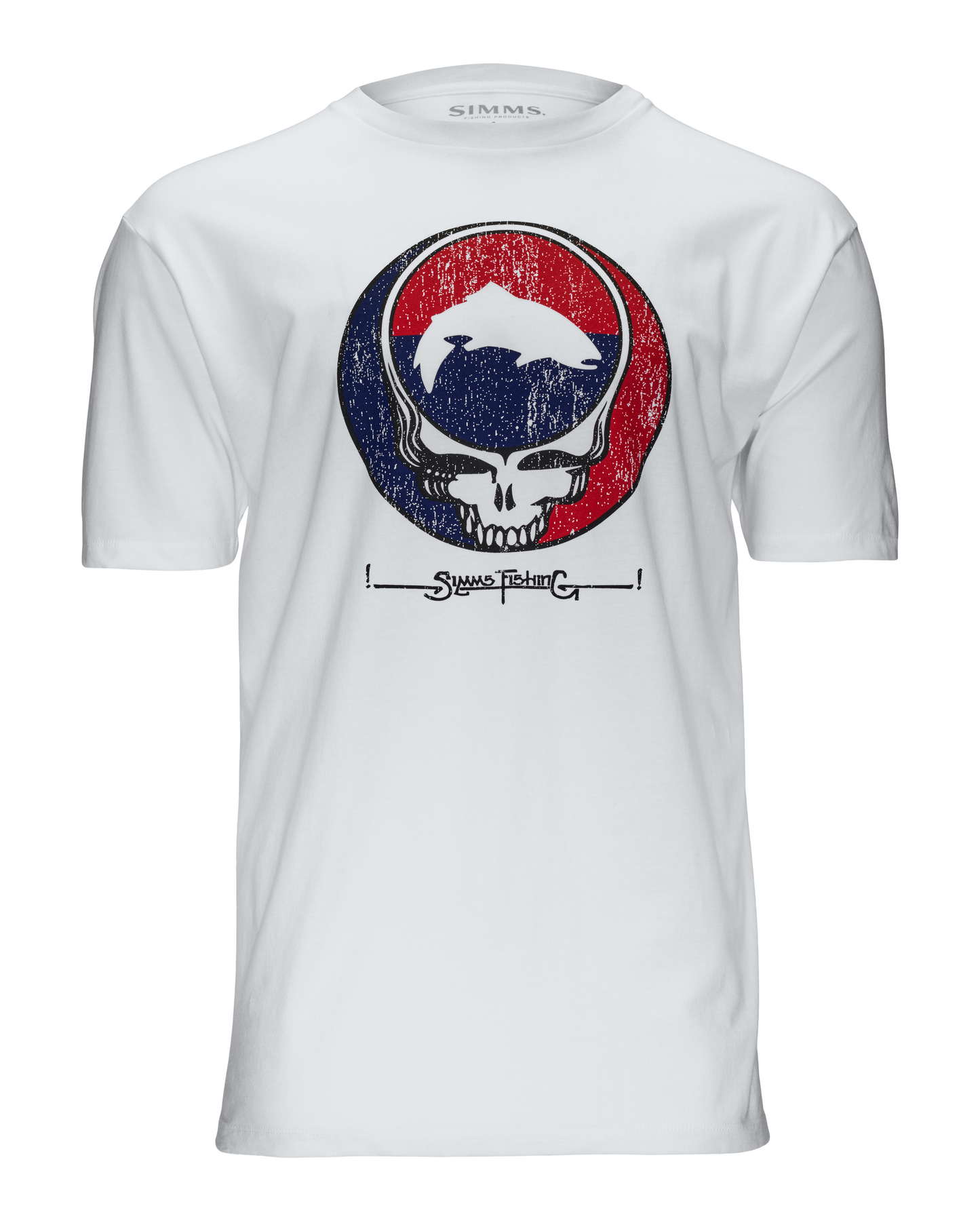 White t-shirt with a Grateful Dead logo featuring a skull and fish on a white background -rollover