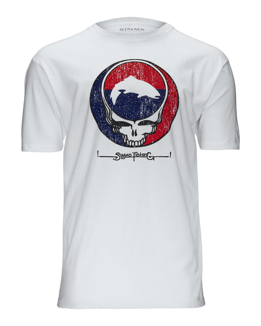 White t-shirt with a Grateful Dead logo featuring a skull and fish on a white background -rollover