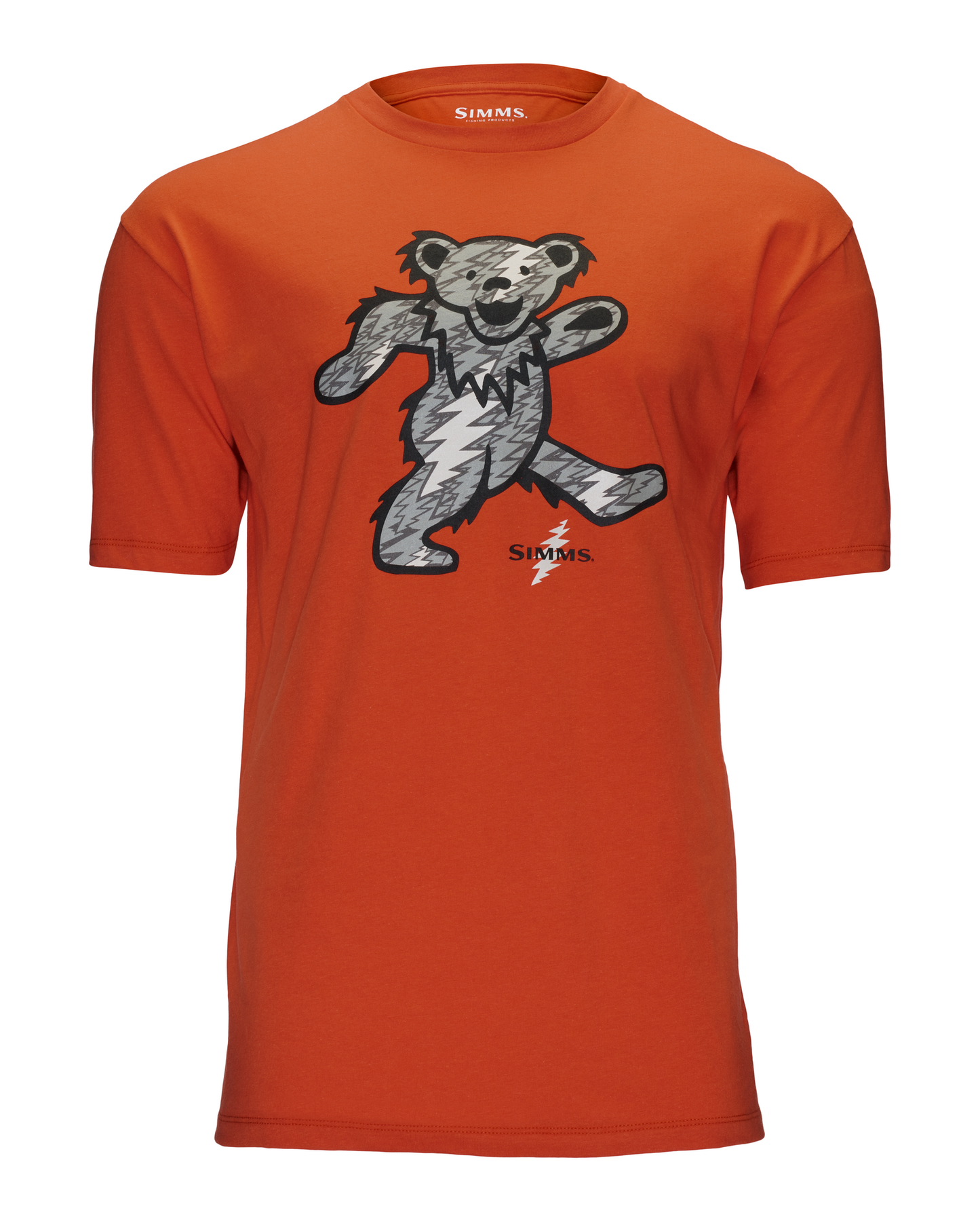 Orange t-shirt with a bear graphic and 'Simms' branding on a white background 