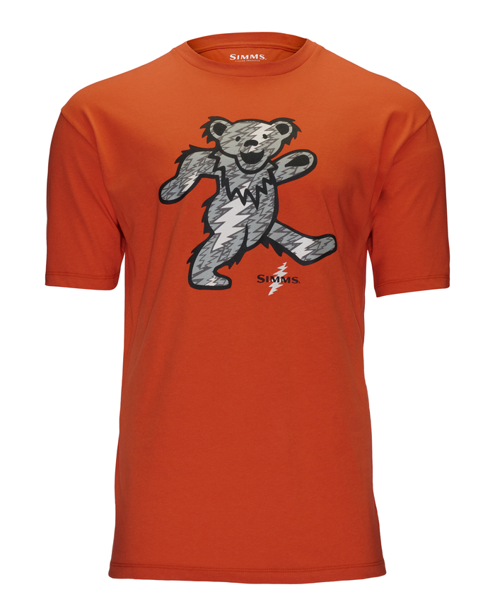 Orange t-shirt with a bear graphic and 'Simms' branding on a white background 