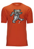 Orange t-shirt with a bear graphic and 'Simms' branding on a white background 