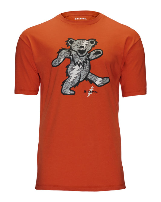 Orange t-shirt with a bear graphic and 'Simms' branding on a white background 