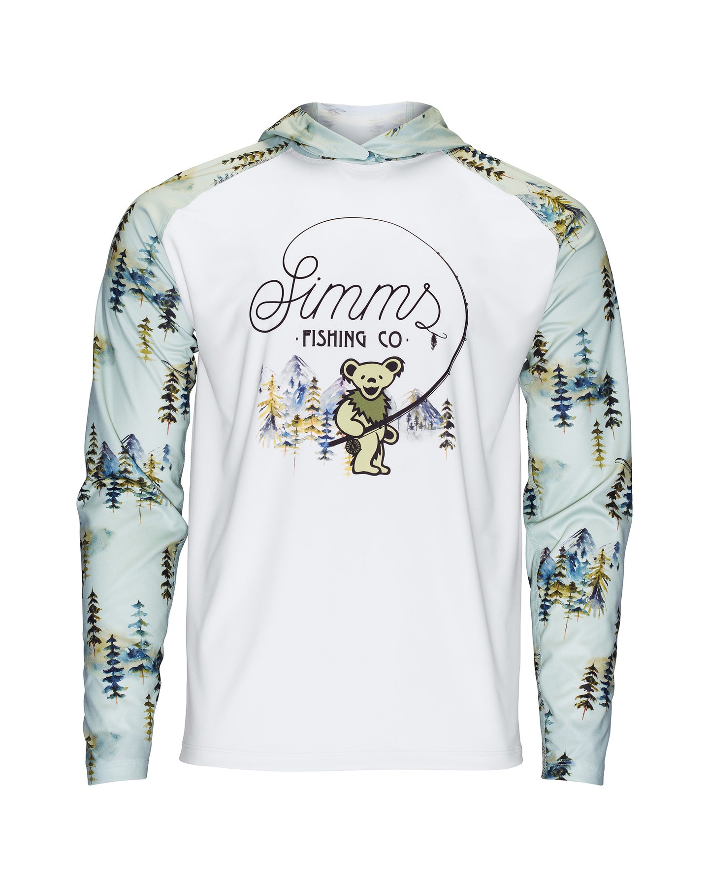 White hoodie with bear graphic and 'Simms Fishing Co' text on a white background Wonders