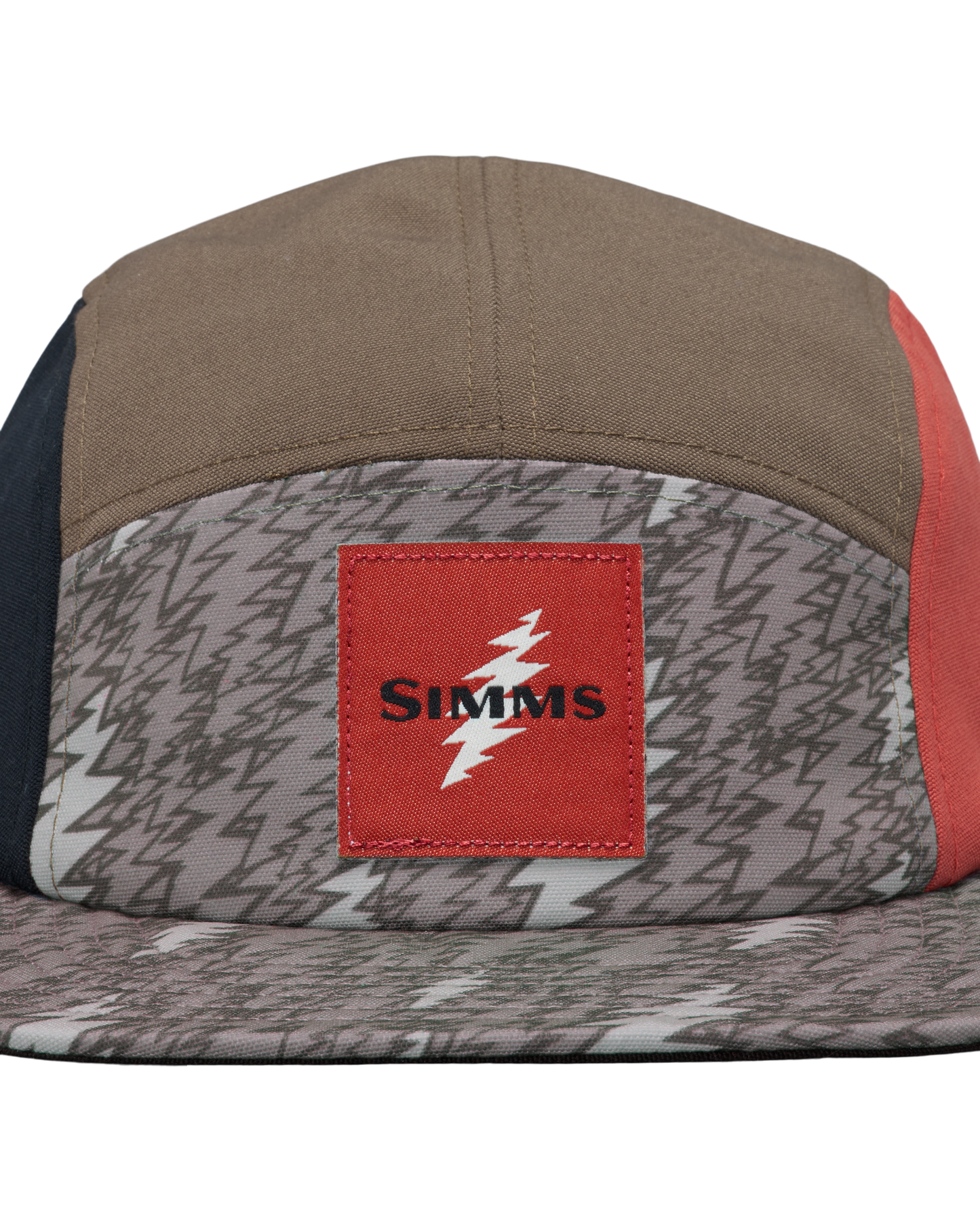 Multicolored cap with a red and gray patterned visor and a visible Simms logo. 