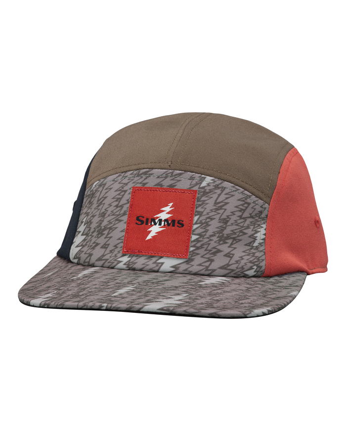 Multicolored cap with a red patch featuring the Simms logo on a white background