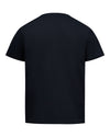 A plain black short-sleeve t-shirt shown from the back, photographed against a solid white background.