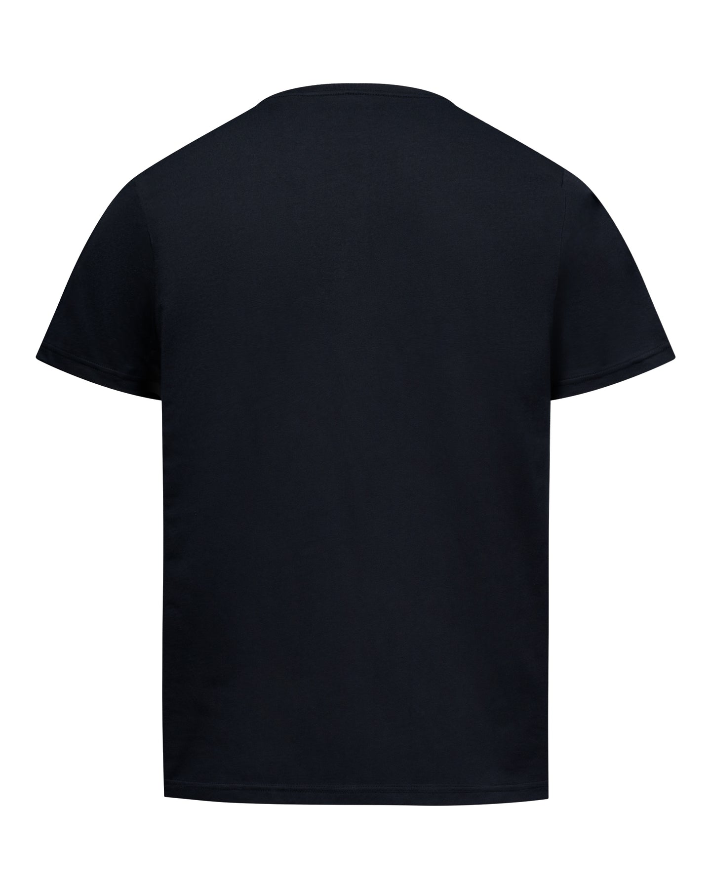 A plain black short-sleeve t-shirt shown from the back, photographed against a solid white background.