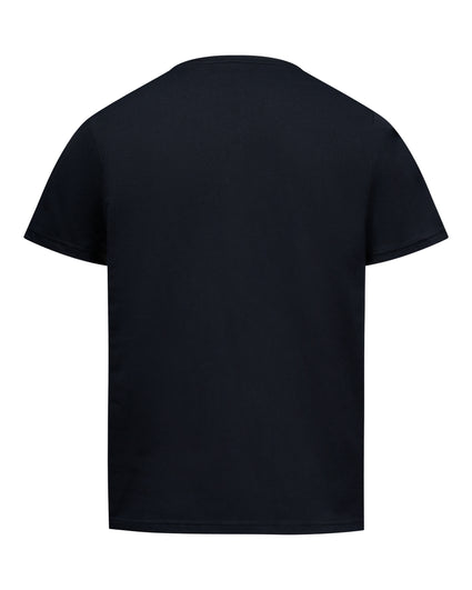 A plain black short-sleeve t-shirt shown from the back, photographed against a solid white background.