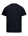 A plain black short-sleeve t-shirt shown from the back, photographed against a solid white background.