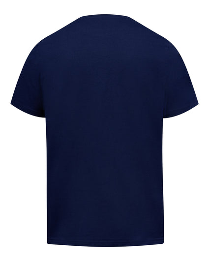A plain navy blue short-sleeve crewneck t-shirt shown from the back, isolated on a white background.