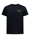 A black short-sleeve crewneck t-shirt with a small green 'Stans' logo printed on the left chest, displayed on a clean white background.