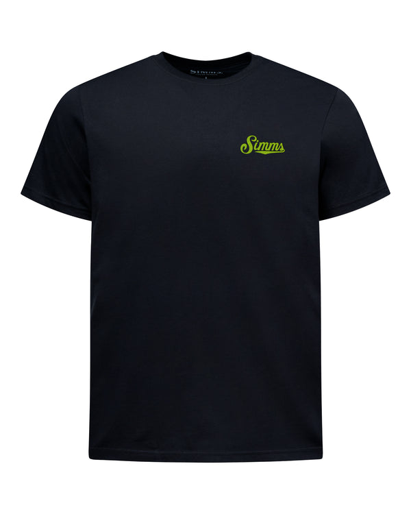 A black short-sleeve crewneck t-shirt with a small green 'Stans' logo printed on the left chest, displayed on a clean white background.