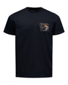 A black short-sleeve crewneck t-shirt featuring a rectangular chest graphic on the left side. The graphic displays the Simms brand logo with a fishing rod and fish illustration in orange, white, and black.