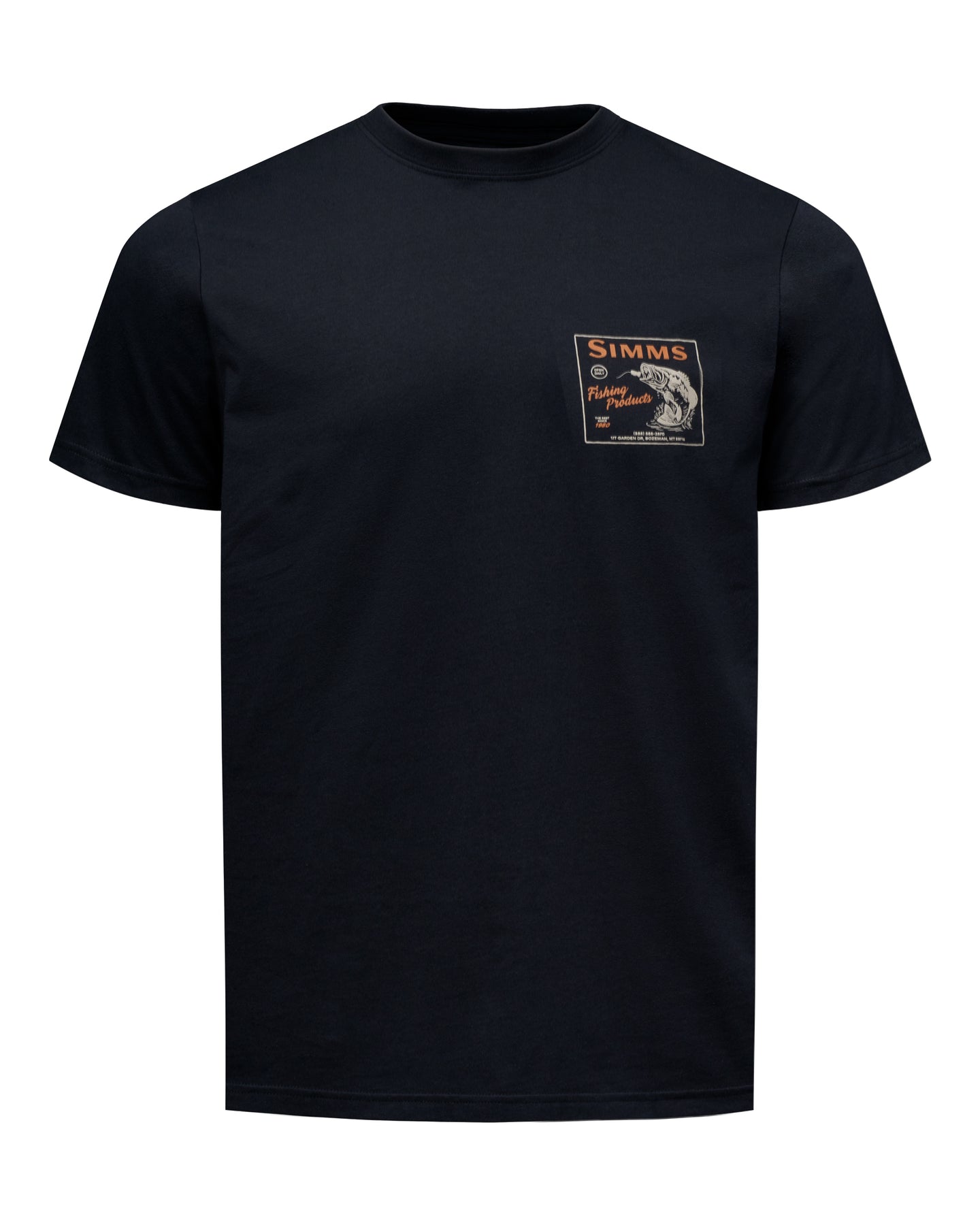 A black short-sleeve crewneck t-shirt featuring a rectangular chest graphic on the left side. The graphic displays the Simms brand logo with a fishing rod and fish illustration in orange, white, and black.