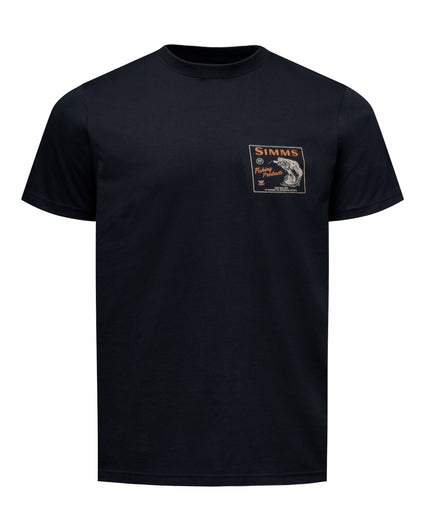 A black short-sleeve crewneck t-shirt featuring a rectangular chest graphic on the left side. The graphic displays the Simms brand logo with a fishing rod and fish illustration in orange, white, and black.
