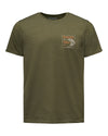 An olive green heather crewneck t-shirt by Simms, featuring a small graphic patch on the left chest with a fish and the Simms brand logo.