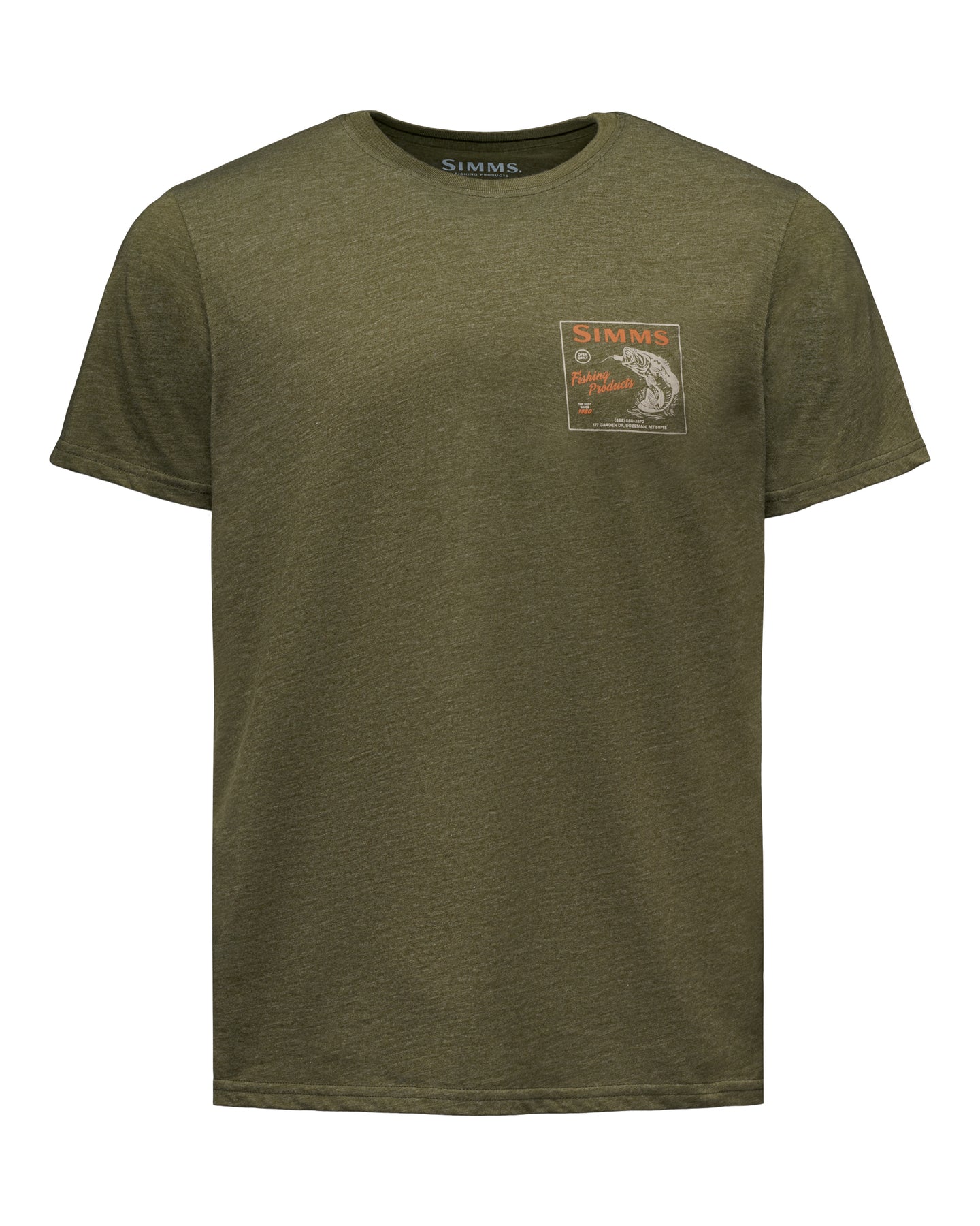 An olive green heather crewneck t-shirt by Simms, featuring a small graphic patch on the left chest with a fish and the Simms brand logo.