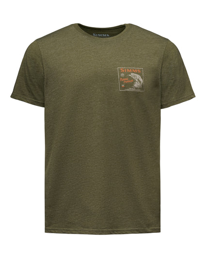 An olive green heather crewneck t-shirt by Simms, featuring a small graphic patch on the left chest with a fish and the Simms brand logo.
