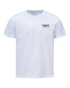 A white short-sleeve crewneck t-shirt with a small black 'SIMONS' logo printed on the left chest, displayed on a clean white background.