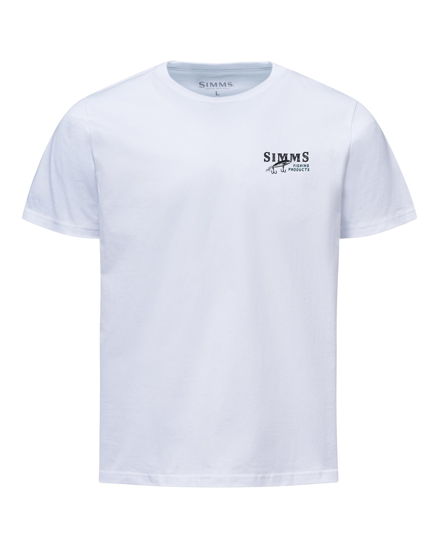 A white short-sleeve crewneck t-shirt with a small black 'SIMONS' logo printed on the left chest, displayed on a clean white background.