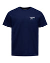 A navy blue short-sleeve crewneck t-shirt with a small white and teal 'SIMMS' logo printed on the left chest, displayed on a clean white background.