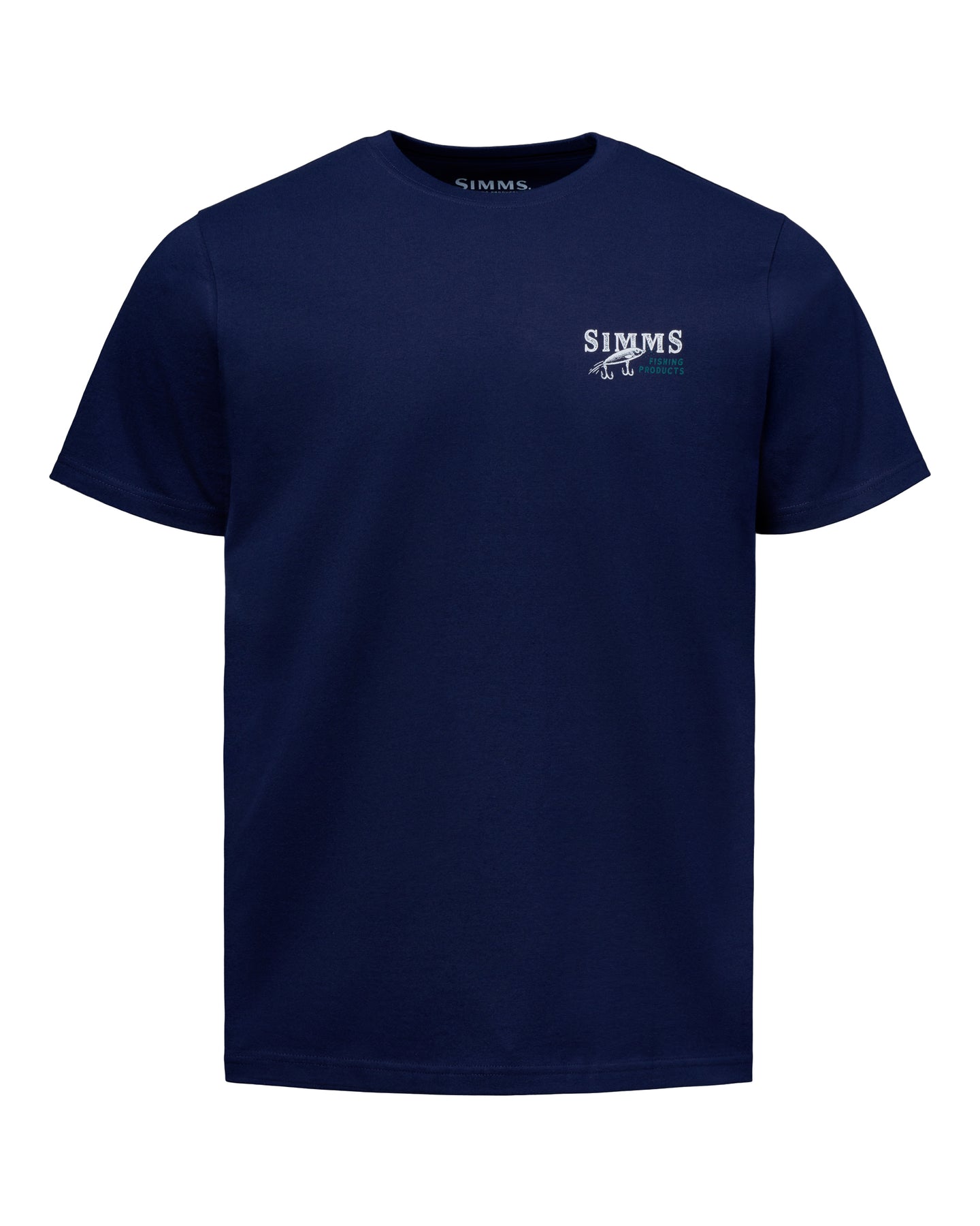A navy blue short-sleeve crewneck t-shirt with a small white and teal 'SIMMS' logo printed on the left chest, displayed on a clean white background.
